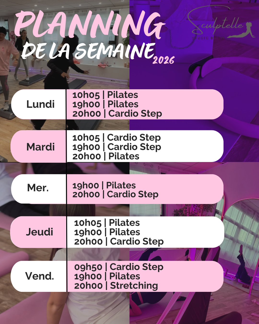 Planning des cours Sculptelle Studio